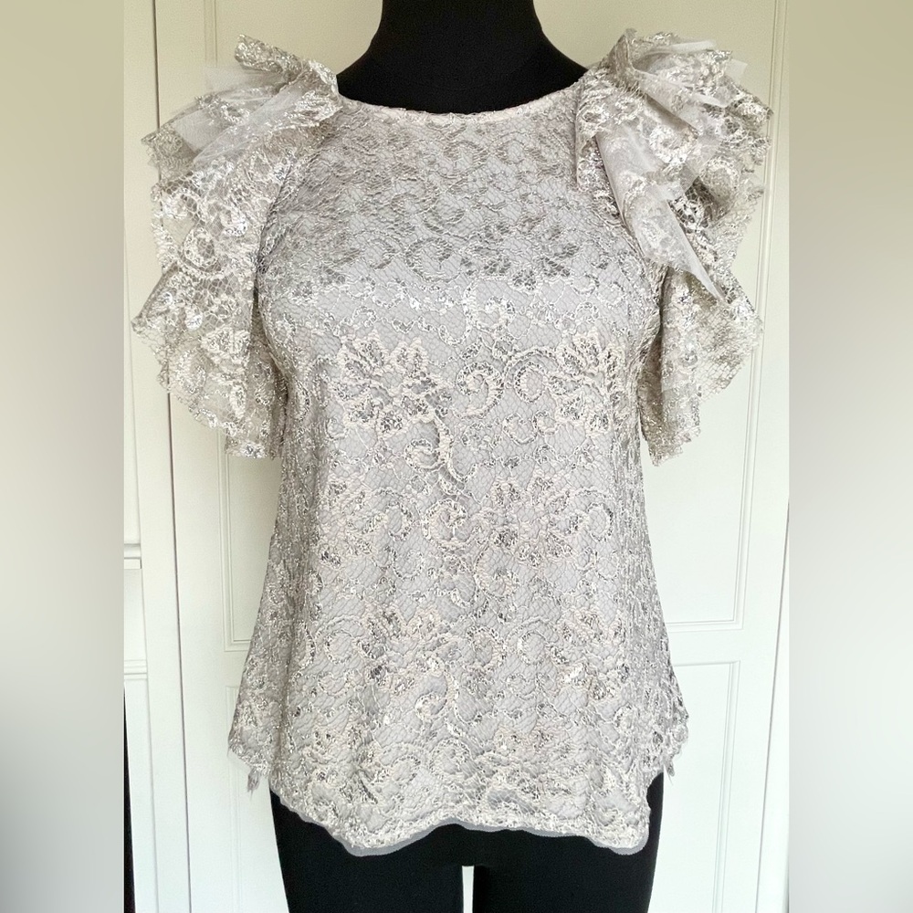 NWOT BCBG Ruffled Lace Silver Party Top Size Small